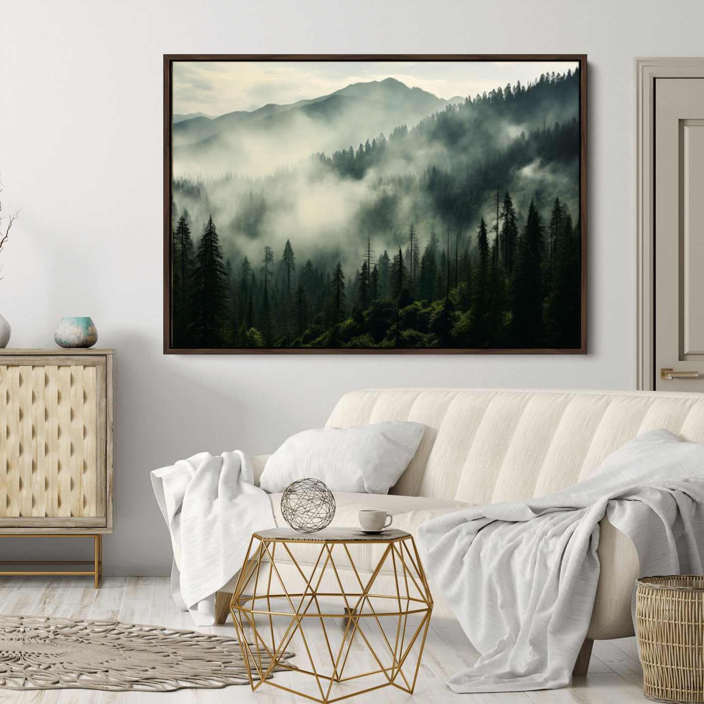 25295-MGV-CV-36X24-Captivating Misty Forest Wall Art Premium Canvas Print a Foggy and Serene Atmosphere