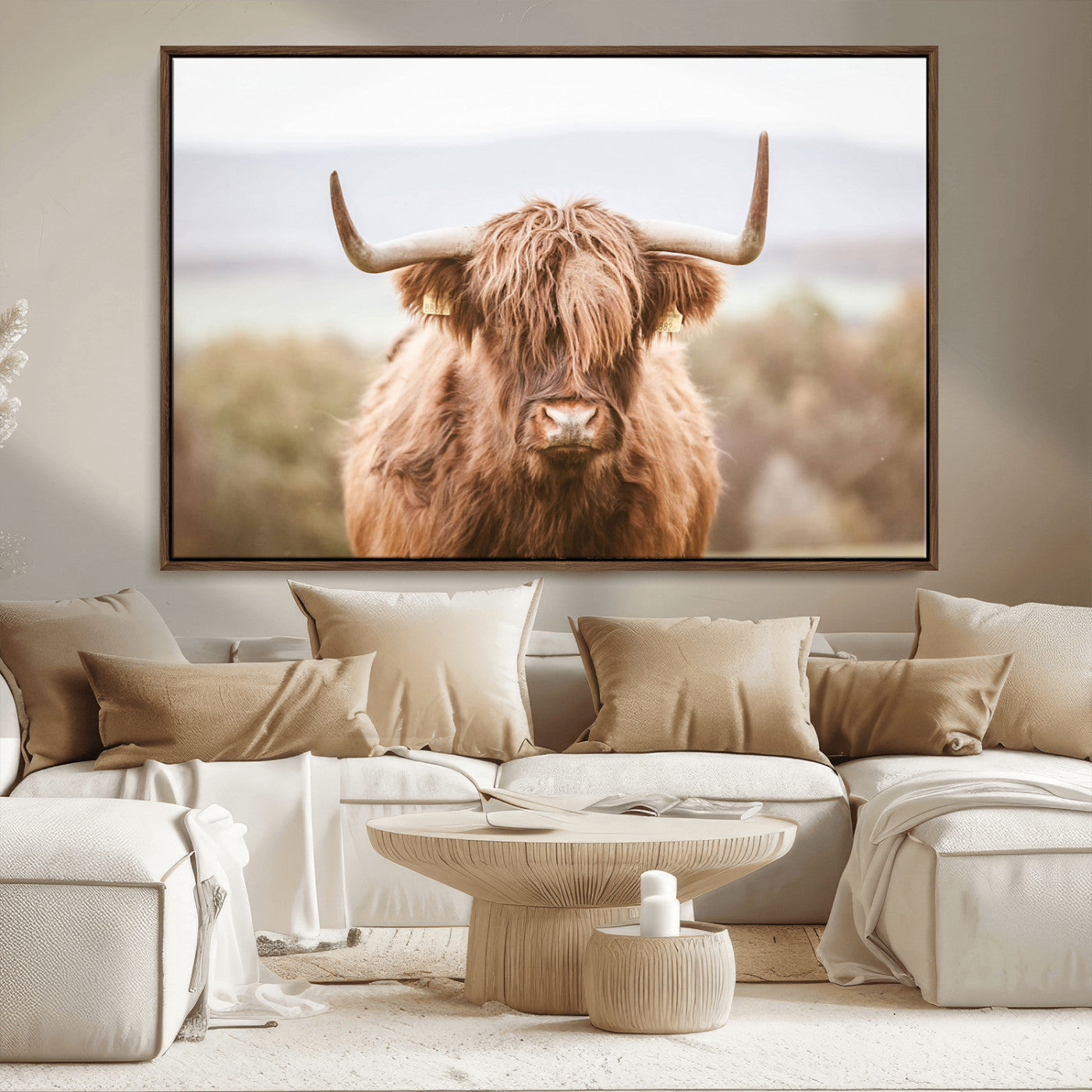 MGV-FC-36X24 - Scottish Serene Highland Cow Canvas Wall Art – Serene Highland Cow in Natural Pastel Tones – Ready