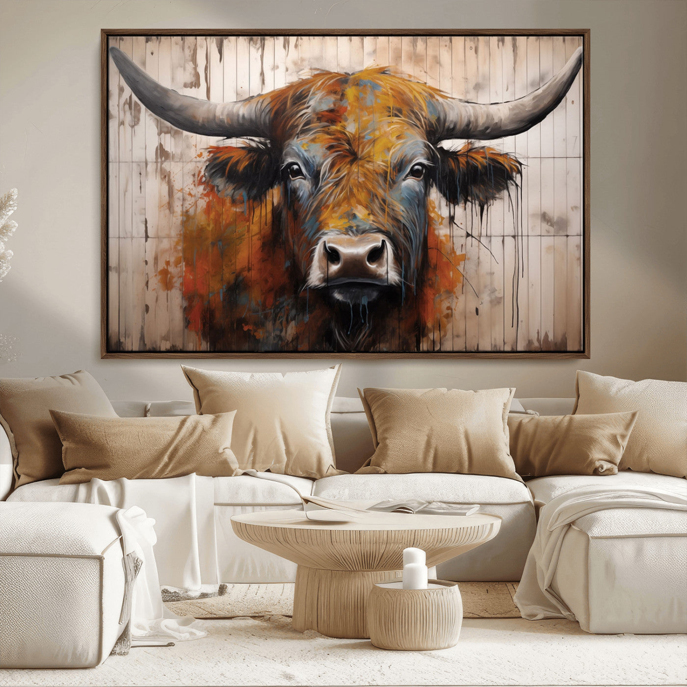 MGV-FC-36X24 - Abstract Bull Highland Cow Canvas Wall Art Print – Vibrant Rustic Charm in Modern Farmhouse Decor –