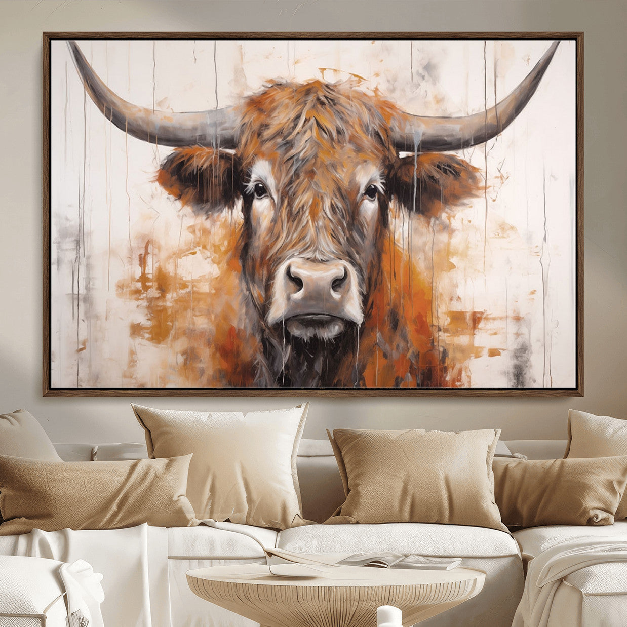 48622-MGV-FC-36X24_Walnut-Vintage Scottish Highland Cow Cattle Art, Scottish Highland Cow Wall Art Print, Farmhouse Wall Art