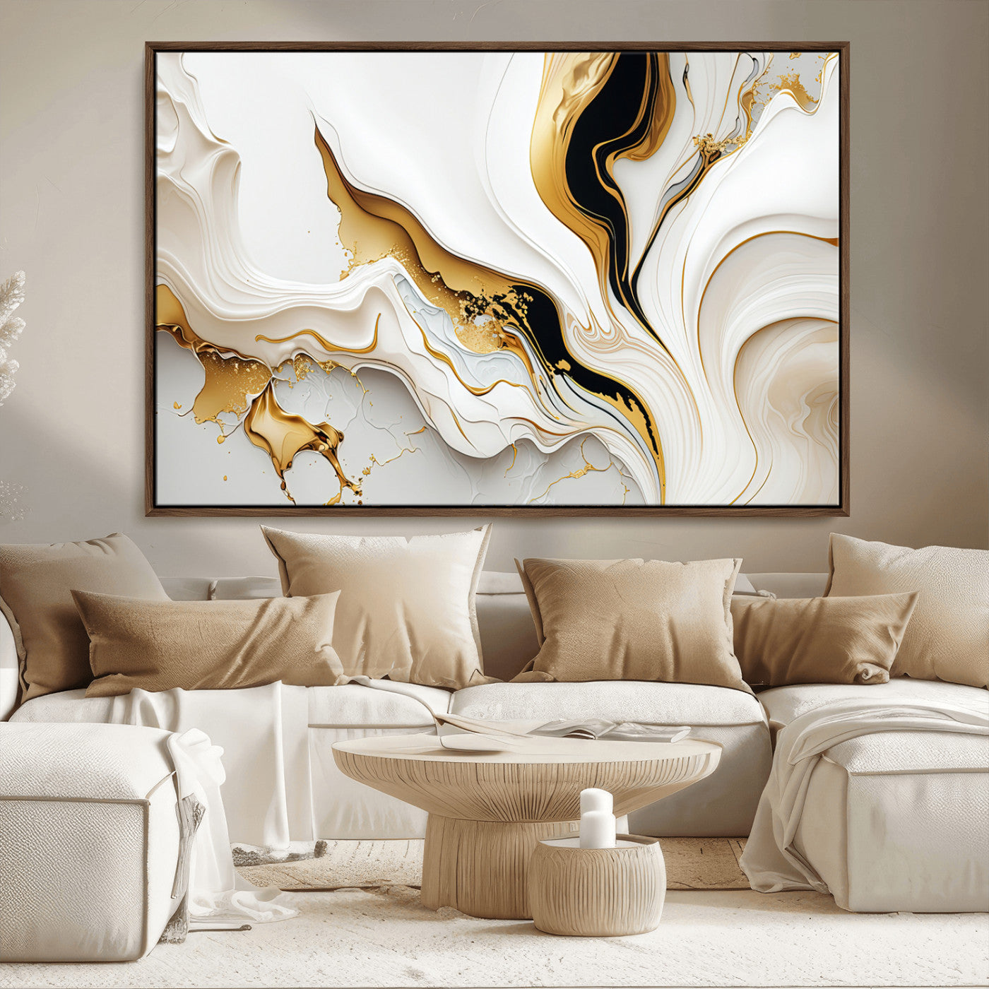 -Gold Waves on Pure White Canvas – Gold Abstract Art for Modern Interiors | Wall Art Canvas, Framed &