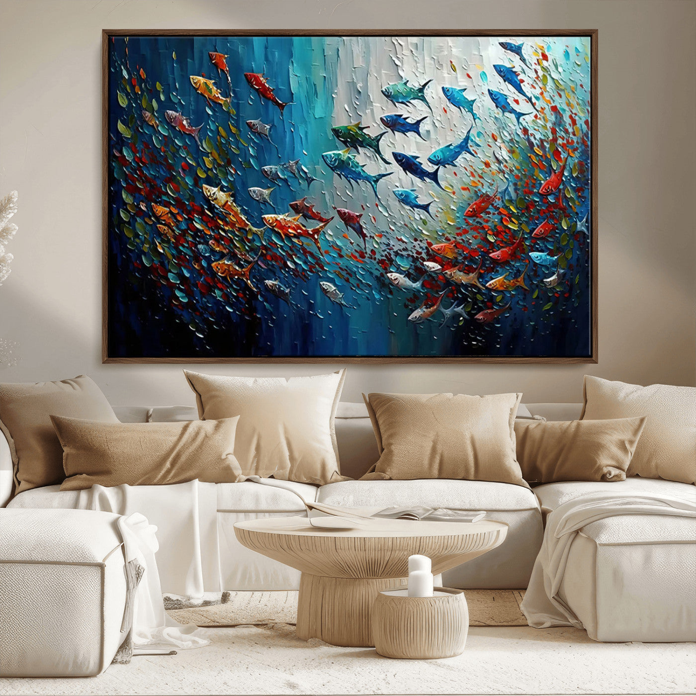 MGV-FC-36X24 - Modern Abstract Fish Shoal Wall Art Canvas Print, Colorful Fish Herd Painting on Canvas Print, Ocean