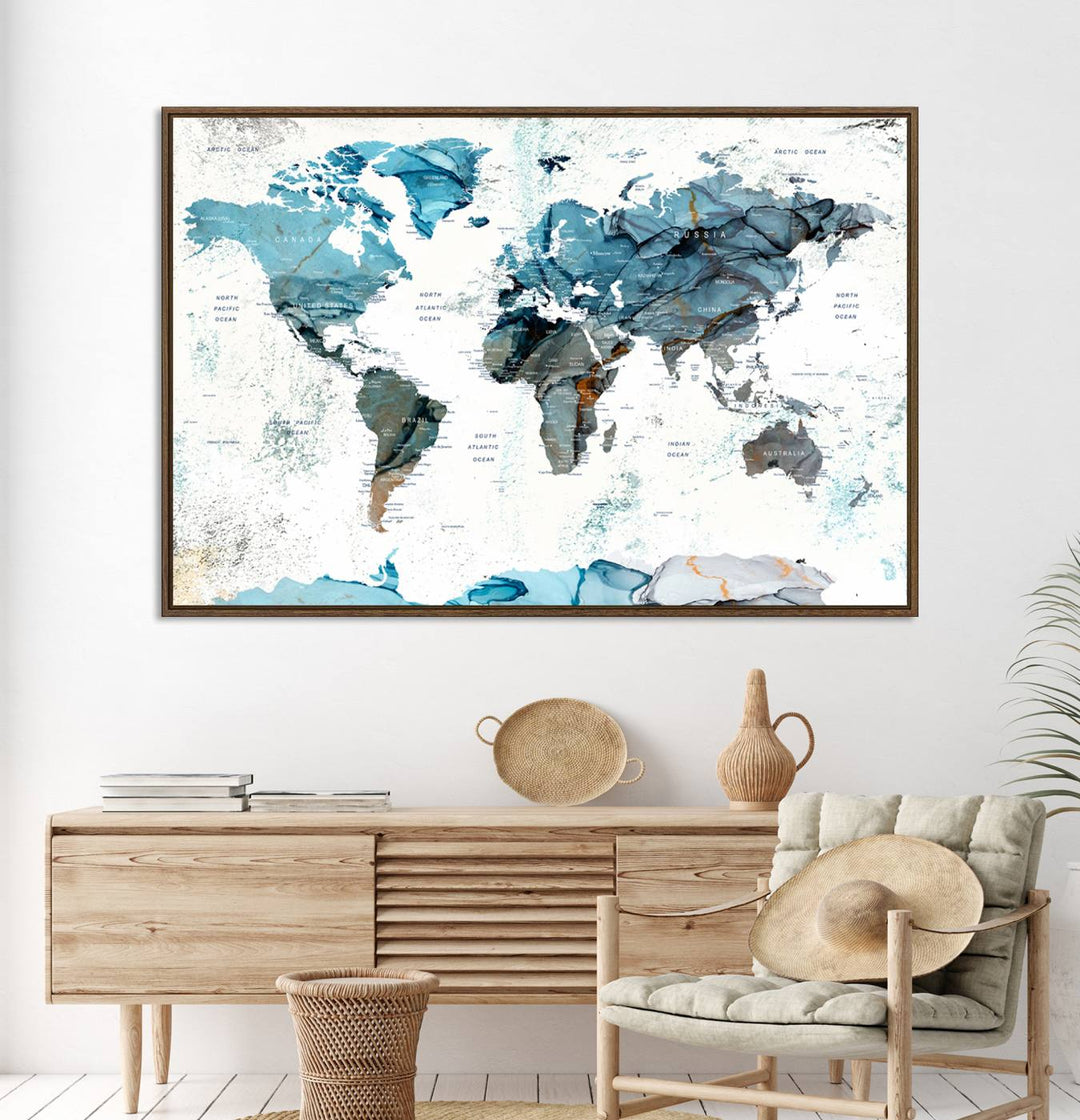 Push Pin World Map Wall Art Canvas Print adds a touch of elegance to the home decor.