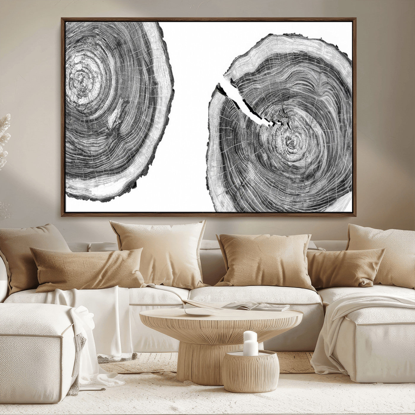 MGV-FC-36X24 - Modern Black and White Tree Rings Canvas Wall Art – Nature Inspired Wood Slice Print – Minimalist