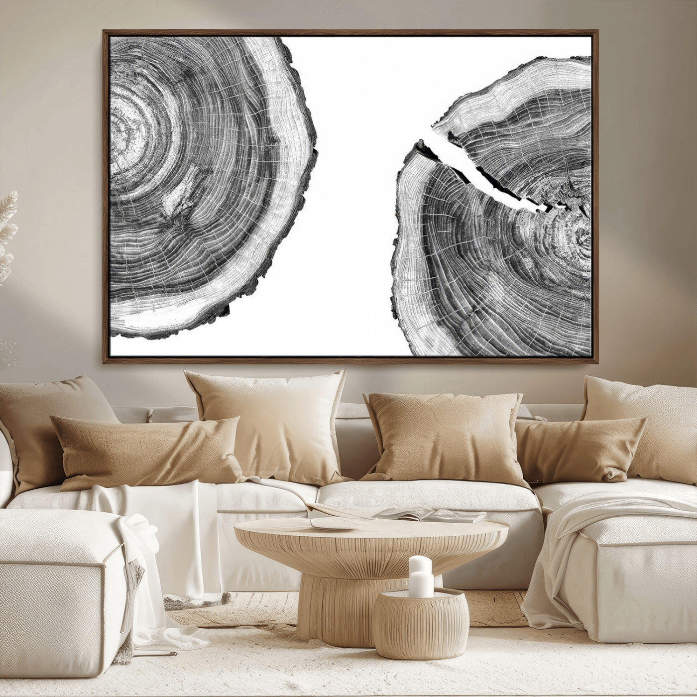 MGV-FC-36X24 - Abstract Large Tree Rings – Minimalist Black and White Wood Art | Triptych Canvas, Modern Wall Decor
