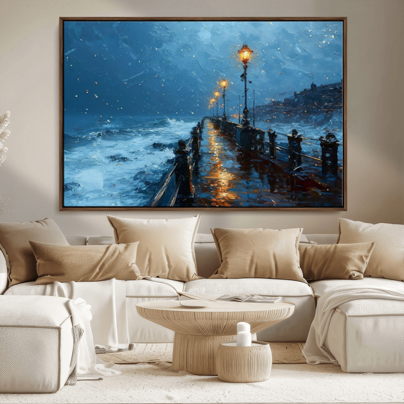 MGV-FC-36X24 - Stormy Night at Beach Pier Oil Painting Large Wall Art Print, Framed Canvas Nature Wall Decor,