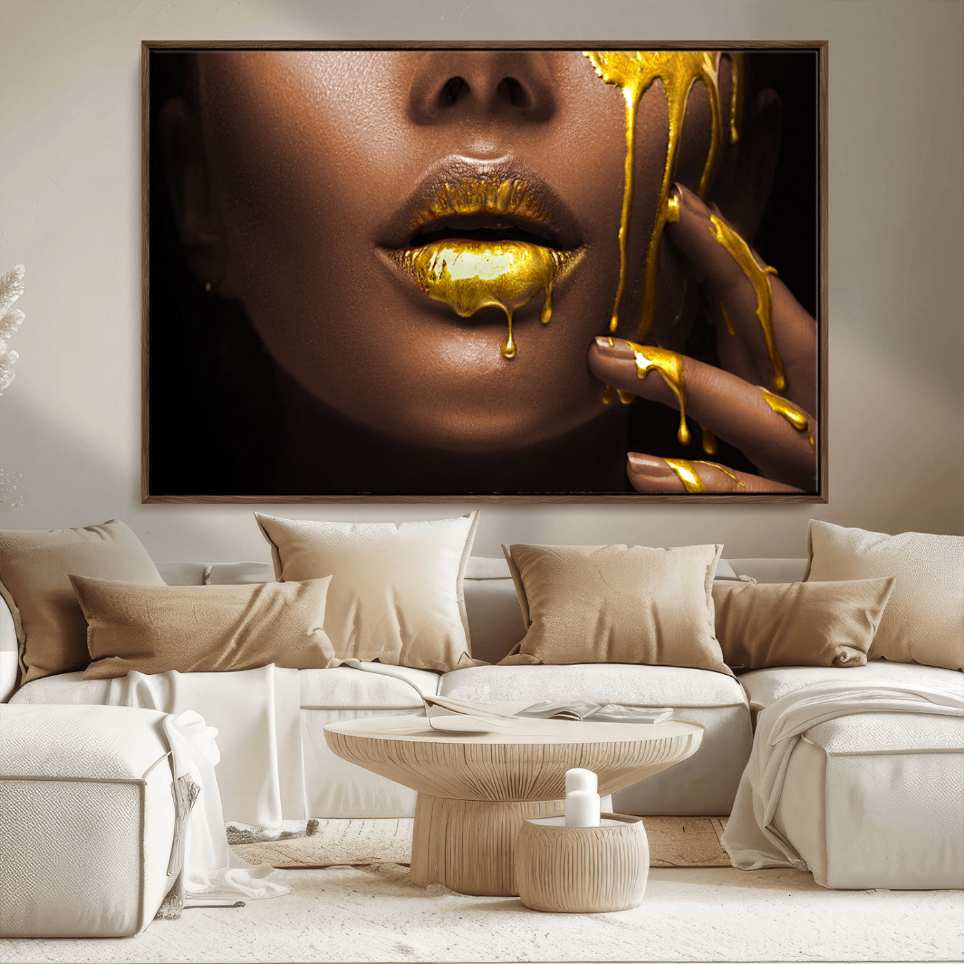 MGV-FC-36X24 - African American Art Black Woman Canvas Print, African Wall Art, Fashion African Woman Gold Lips