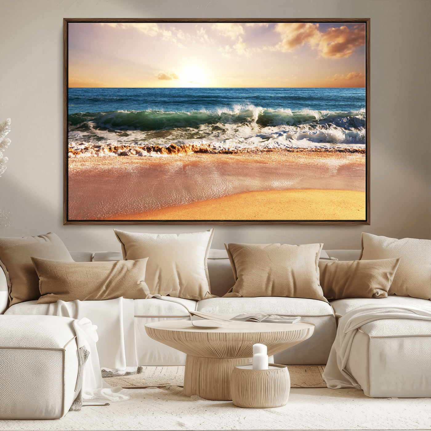 MGV-FC-36X24 - Sunset Beach Wall Art - 3-Panel Framed Canvas Print, Ready to Hang Ocean Sunset for Coastal and
