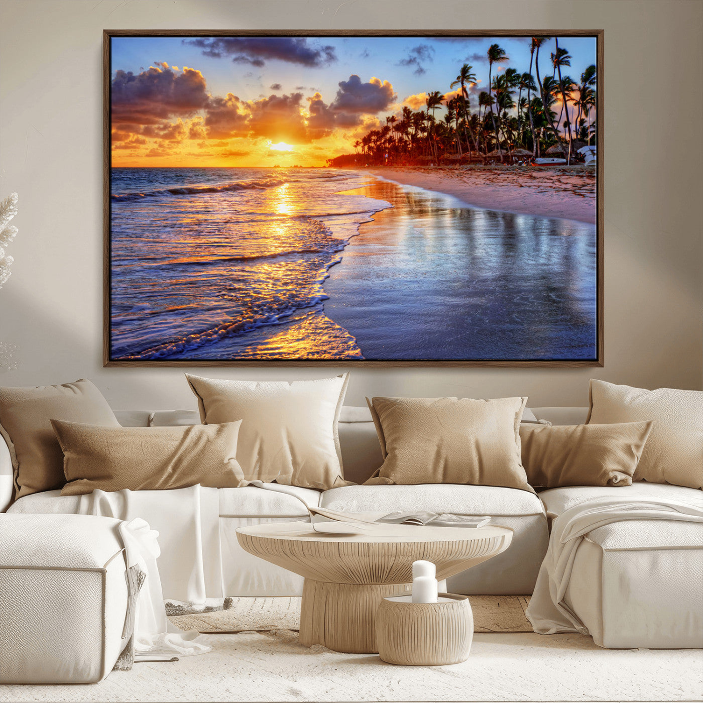 MGV-FC-36X24 - Serene Beach Sunset Wall Art Canvas- Coastal Seascape Print for Living Room or Bedroom, Ocean Waves