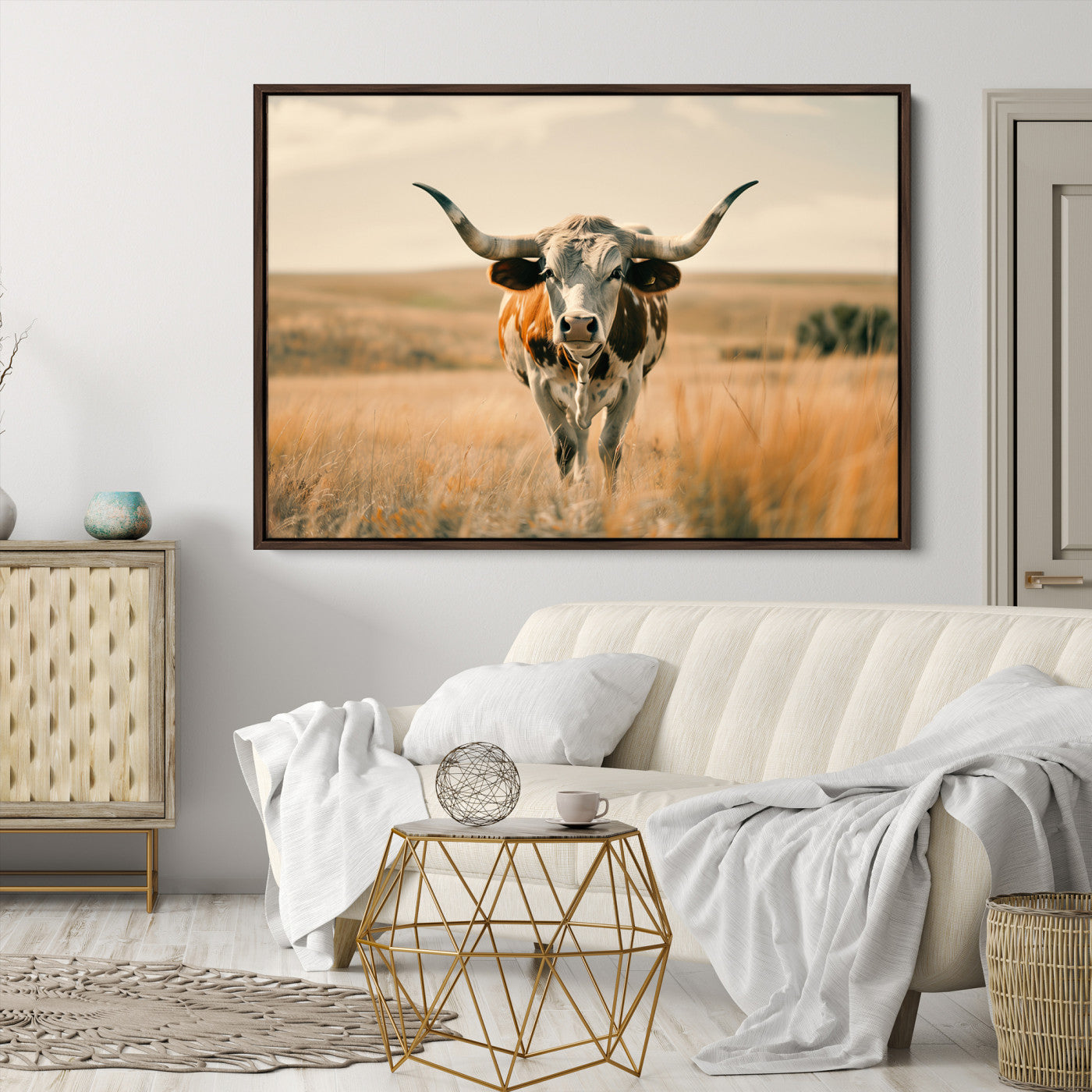 16580-MGV-CV-36X24-Texas Cow Longhorn Wall Art Canvas Print for Farm House Wall Decor, Farmhouse Cow Print Canvas Wall Art Print