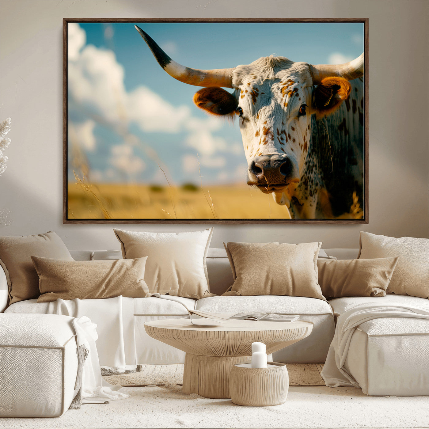 MGV-FC-36X24 - Longhorn in the Prairie - Stunning Ranch-Style Triptych Wall Art for Western Home Decor, Cowboy Wall