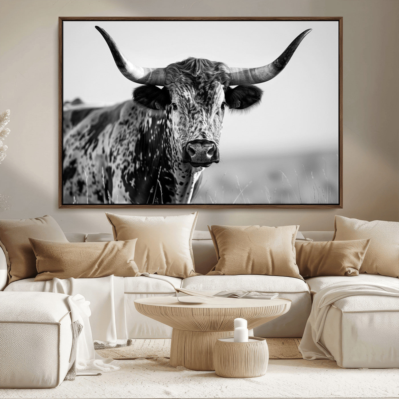 MGV-FC-36X24 - Texas Highland Cow Longhorn Canvas Print - Rustic Farmhouse Wall Art - Large Texas Longhorn