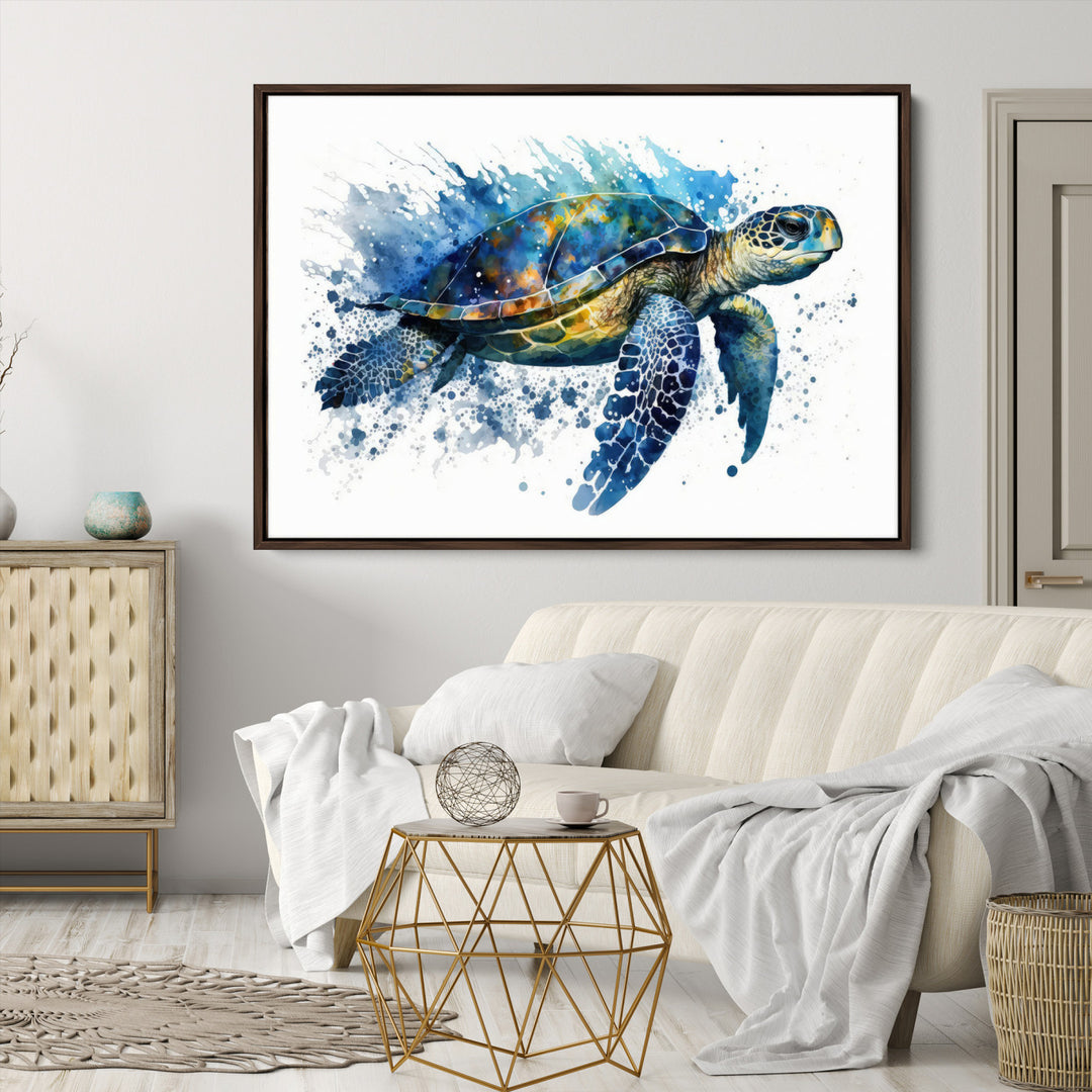 The Turtle Wall Art Print, featuring blue splashes, beautifully showcases Ocean Life.