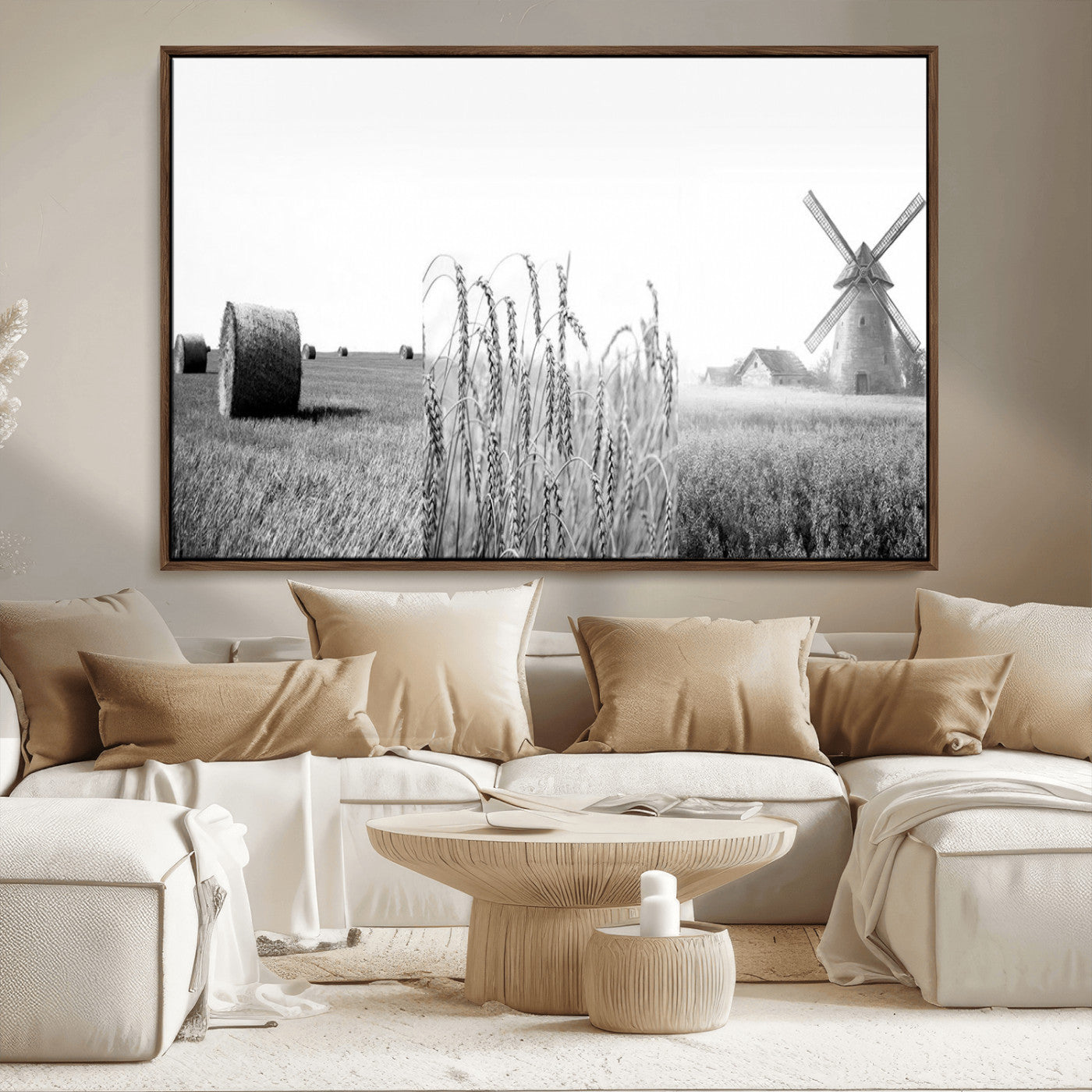 MGV-FC-36X24 - Vintage Farmhouse Black and White Triptych Wall Art – Giclee Canvas Featuring Wheat Fields, Hay