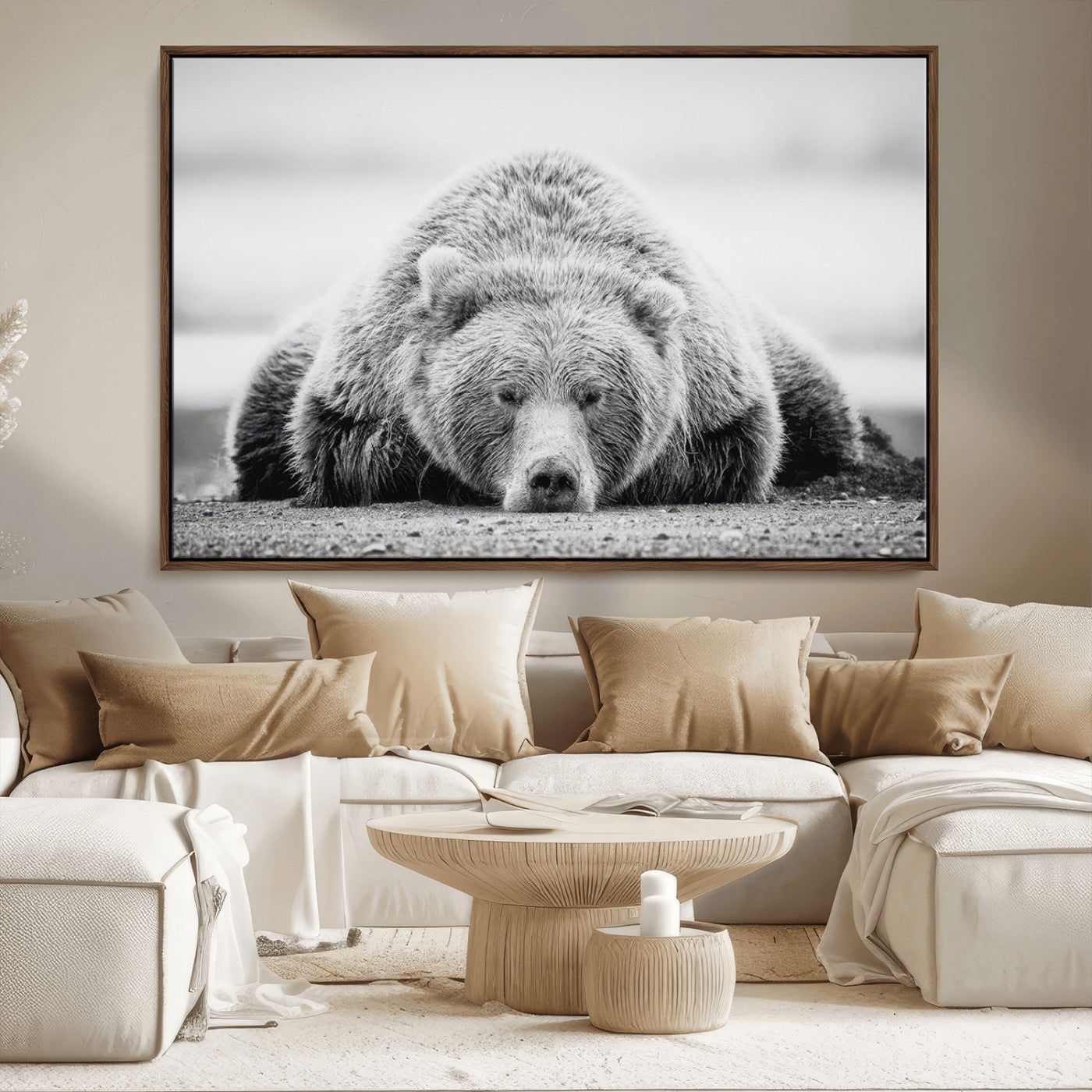 MGV-FC-36X24 - Resting Grizzly Bear Wall Art Canvas Print – Majestic Lazy Black and White Wildlife Bear Art,