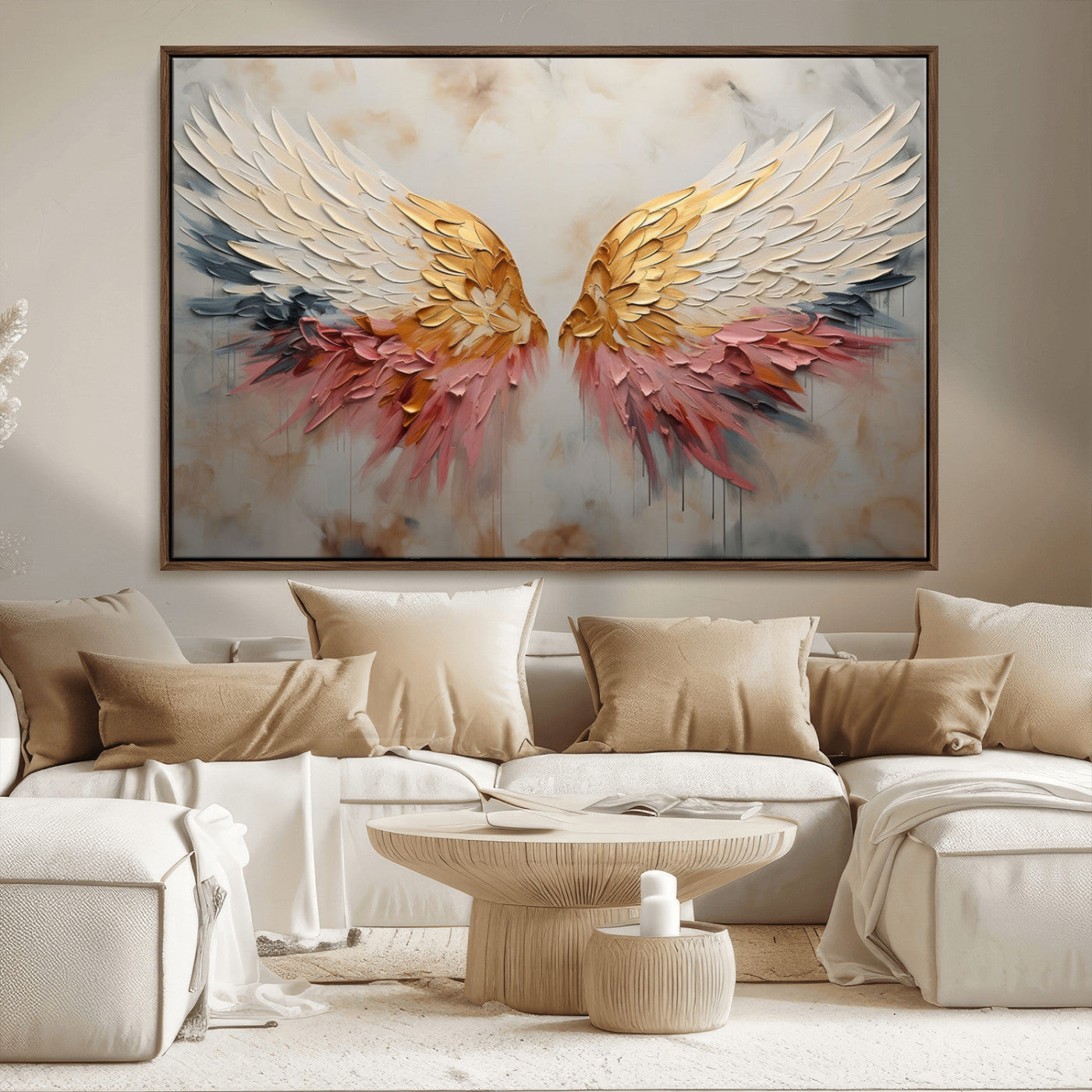 MGV-FC-36X24 - Golden Angel Wings Wall Art Canvas Print – Stunning Abstract Winged Art for Elegant Home Decor –