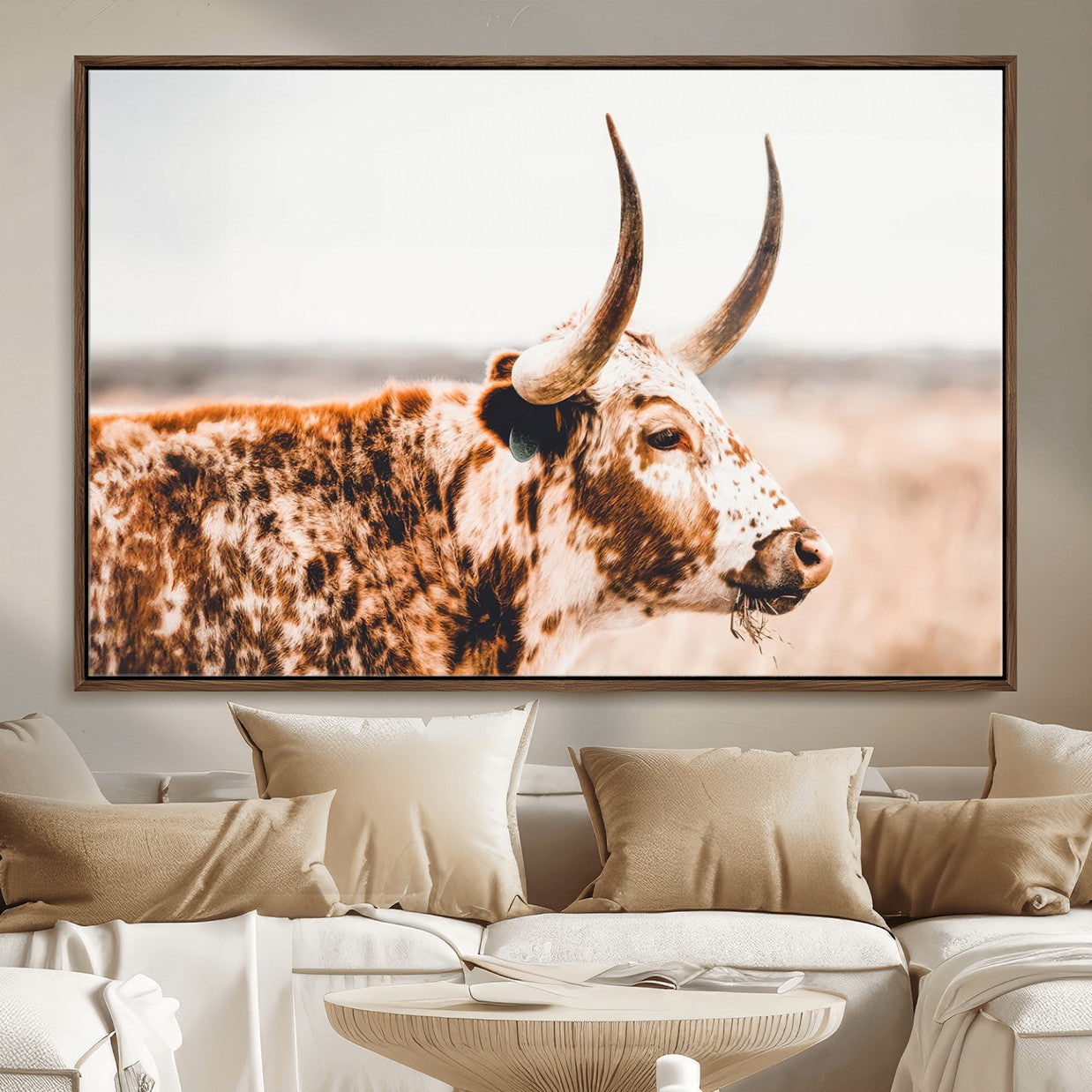 MGV-FC-36X24 - Speckled Bull Wall Art Canvas Print – Rustic Cow Longhorn Farmhouse Animal Decor – Western Longhorn
