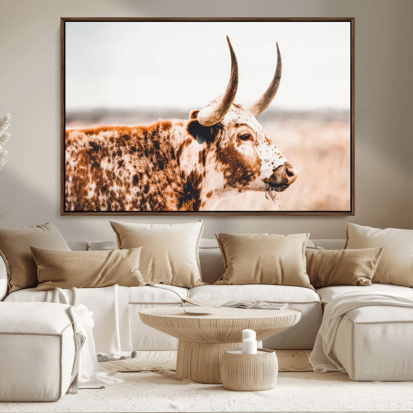 -Speckled Bull Wall Art Canvas Print – Rustic Cow Longhorn Farmhouse Animal Decor – Western Longhorn