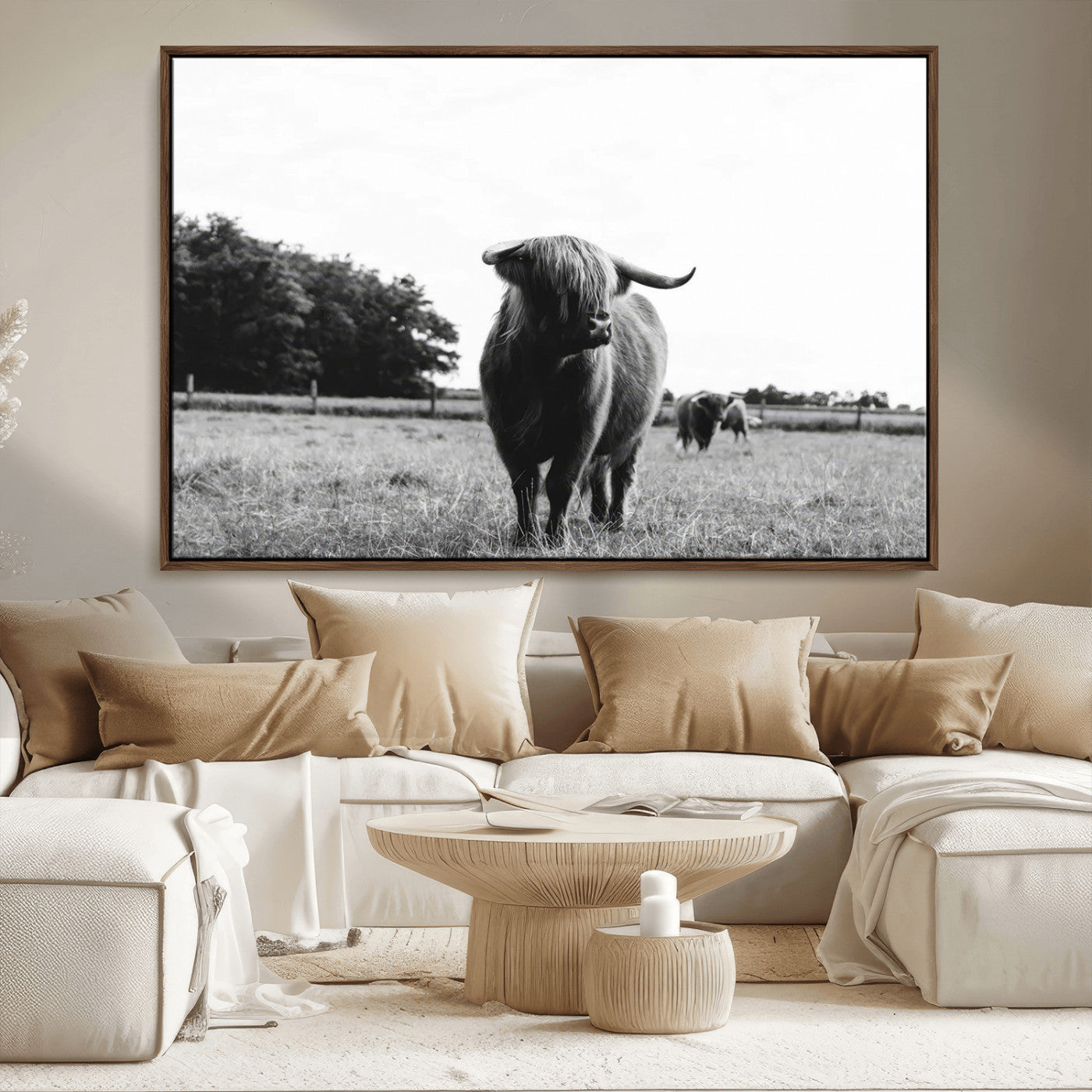 MGV-FC-36X24 - Black and White Highland Cow Wall Art Canvas Print | Rustic Western Decor for Living Room or Office,