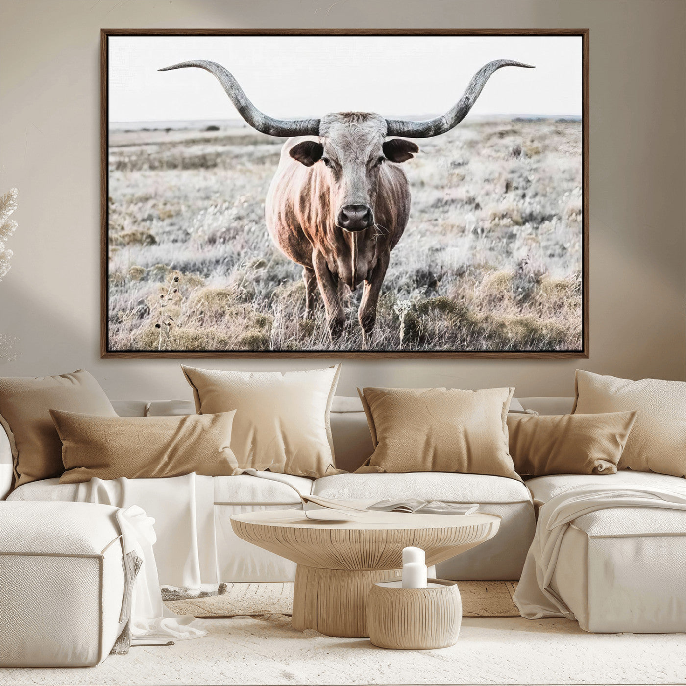 -Rustic Texas Longhorn Wall Art Canvas Print | Western Farmhouse Decor for Living Room or Office,