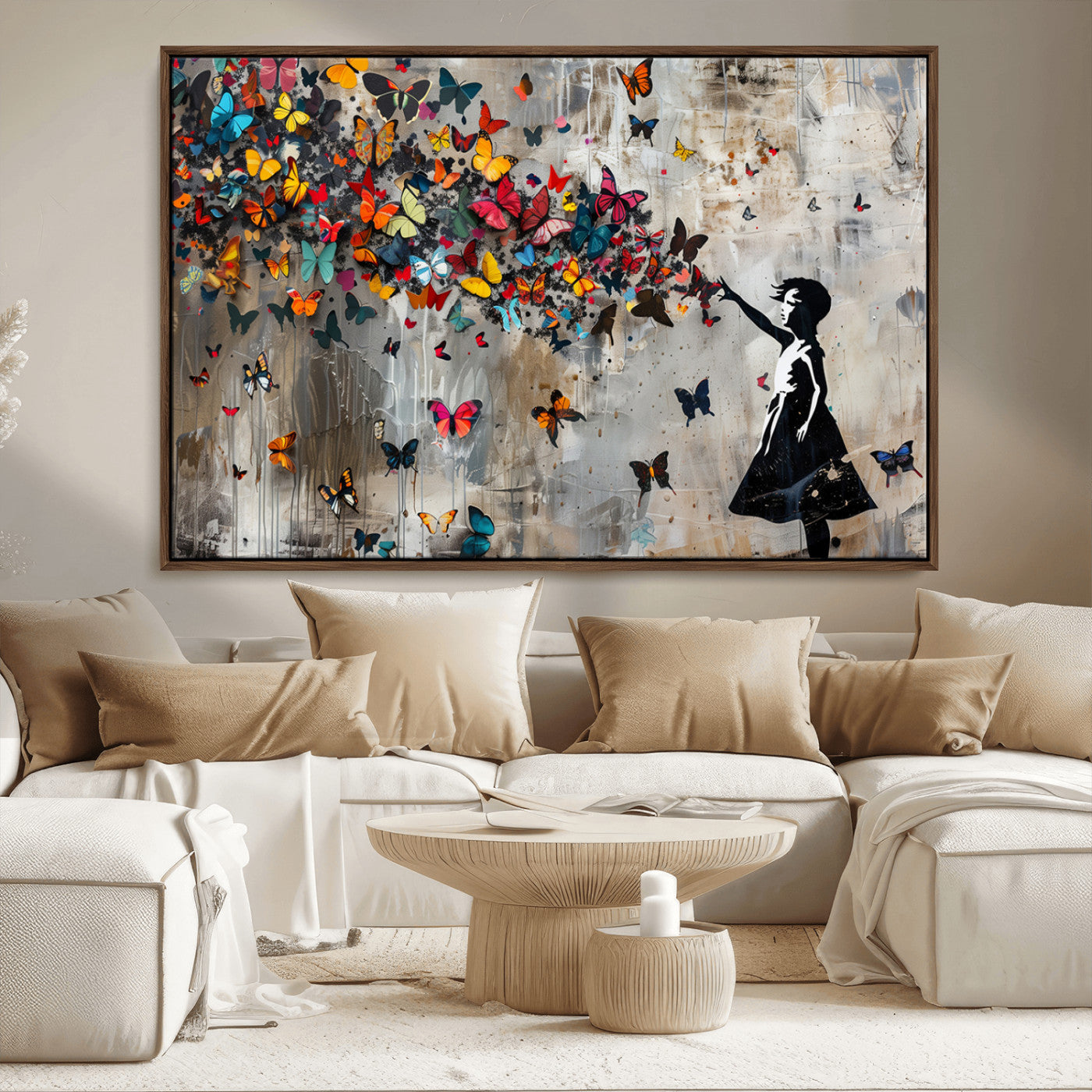 MGV-FC-36X24 - Banksy Wall Art - Banksy Girl and Butterfly Explosion Wall Art Canvas Print | Girl with Butterflies