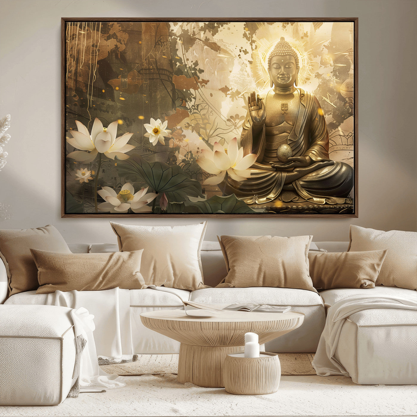 MGV-FC-36X24 - Zen Buddha Wall Art Canvas Print | Peaceful Meditation Decor with Lotus Flowers | Spiritual Serenity