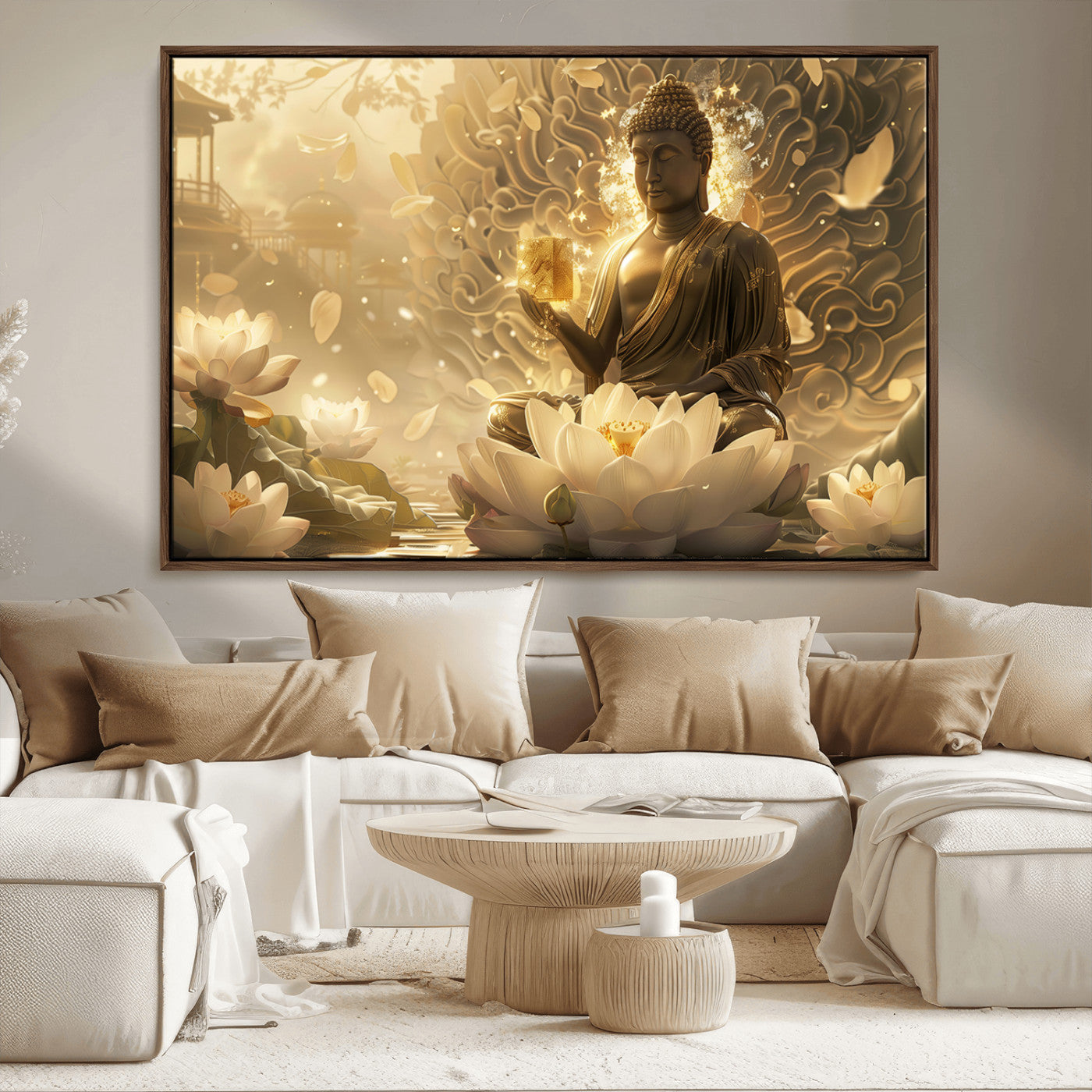 MGV-FC-36X24 - Golden Buddha Wall Art | Yoga Room Decor and Meditation Room Wall Art | Framed and Ready to Hang