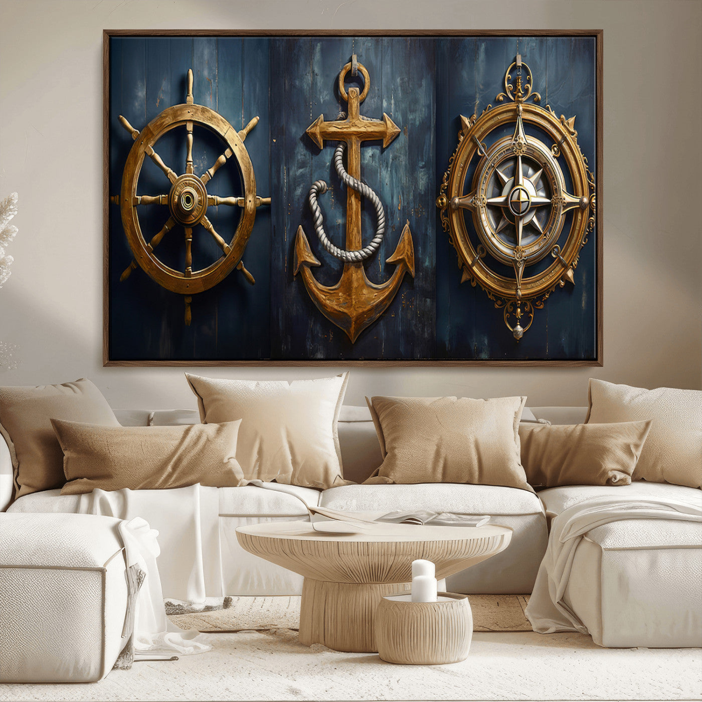 MGV-FC-36X24 - Boat Anchor Compass With Rope Wall Art Canvas Print | Beach House Wall Art