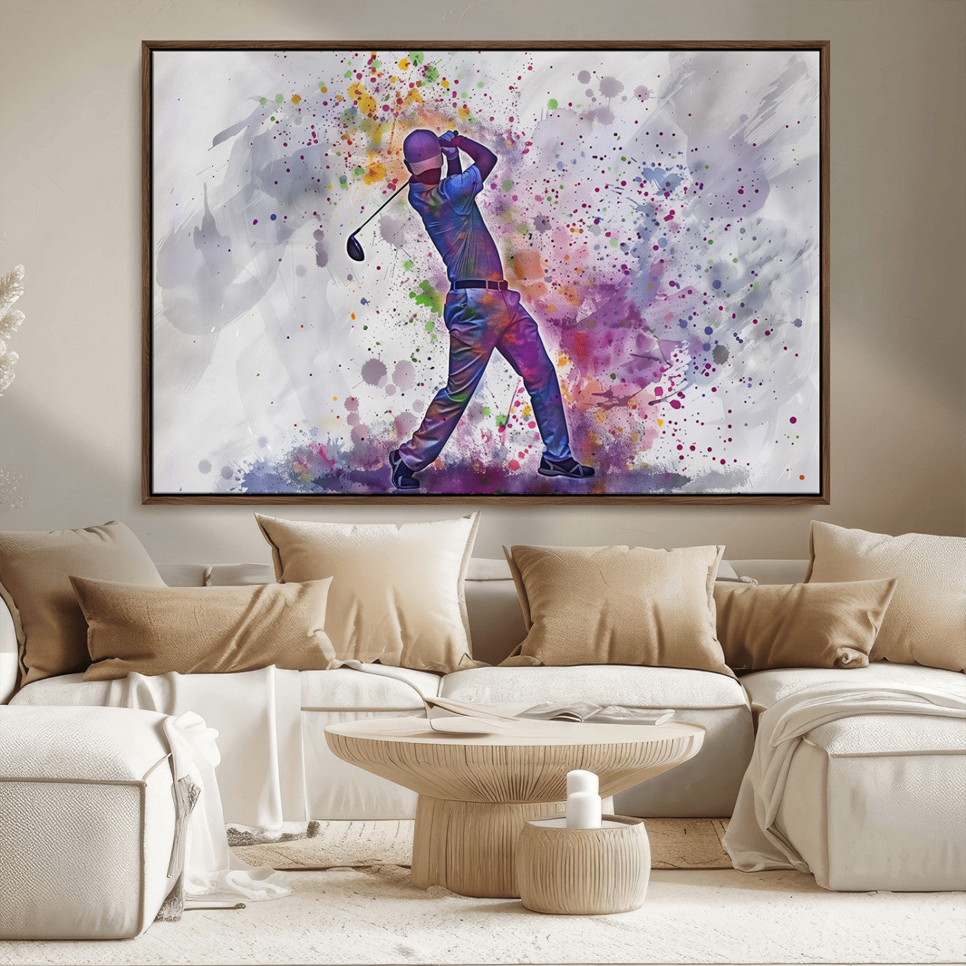 MGV-FC-36X24 - Watercolor Golf Swing Wall Art Canvas Print | Vibrant Abstract Golf Player Silhouette |