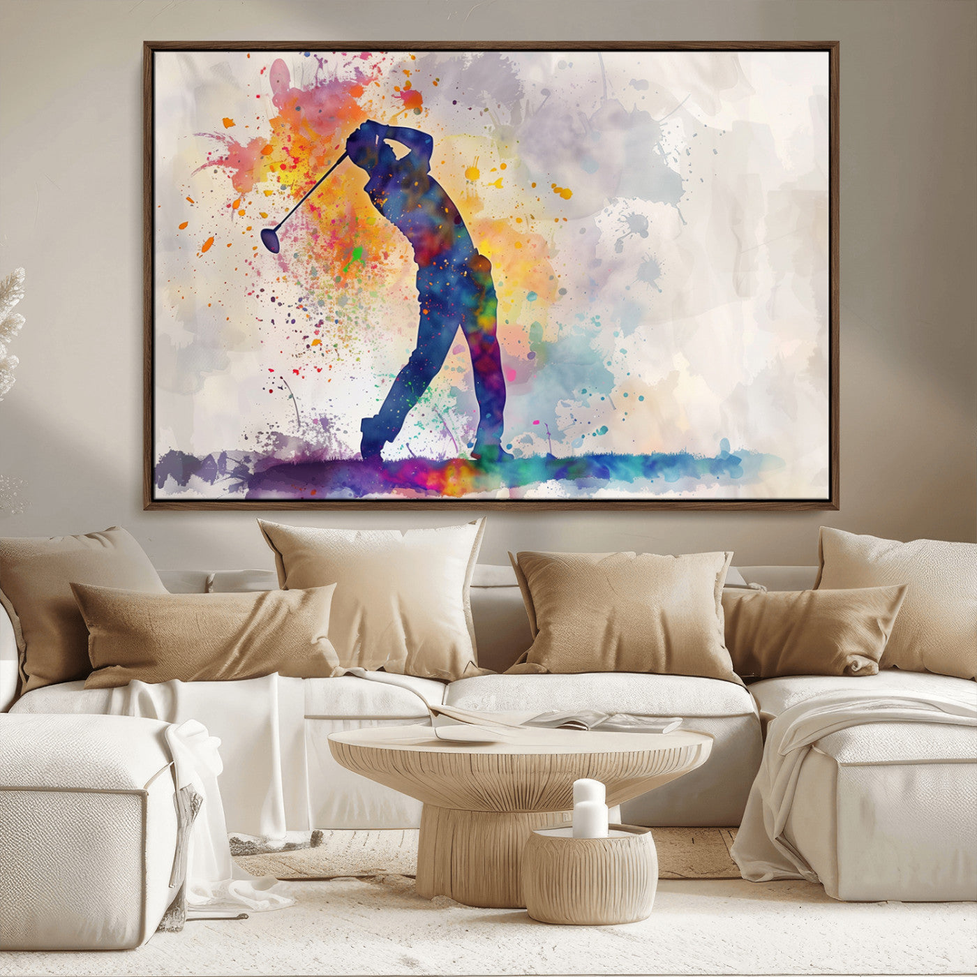MGV-FC-36X24 - Watercolor Golf Swing Wall Art Canvas Print | Vibrant Abstract Golf Player Silhouette |