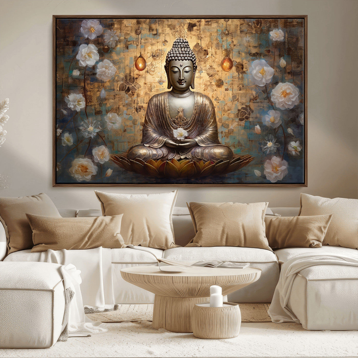 MGV-FC-36X24 - Golden Buddha Wall Art Canvas Print | Zen Meditation Floral Decor | Tranquil Spiritual Home Art |