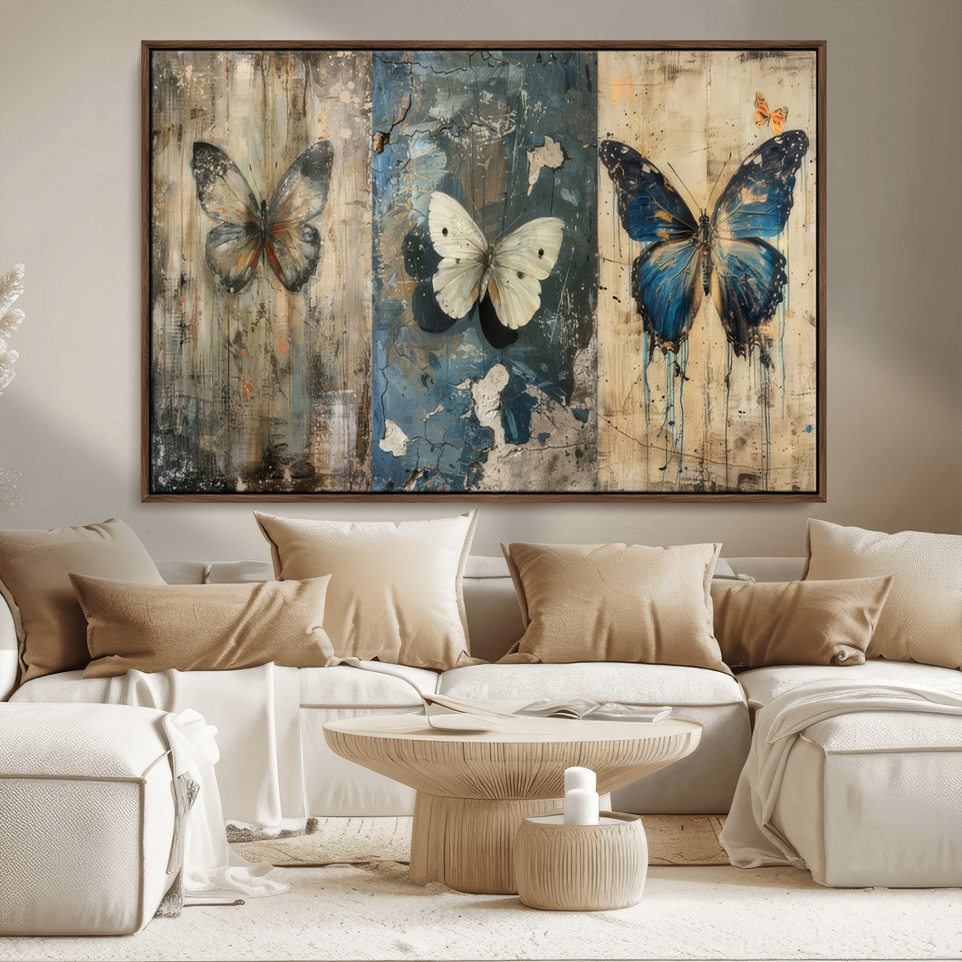 MGV-FC-36X24 - Butterfly Wall Art Trio | Vintage Butterfly Canvas Print | Ready to Hang Framed Artwork for