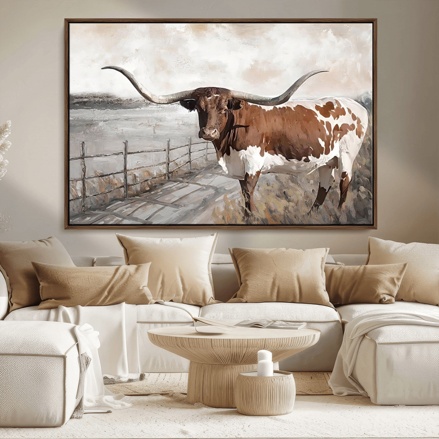 57340-MGV-FC-36X24_Walnut-Vintage Texas Cow Wall Art Canvas Print, Rustic Longhorn Wall Art | Canvas Print for Farmhouse Decor
