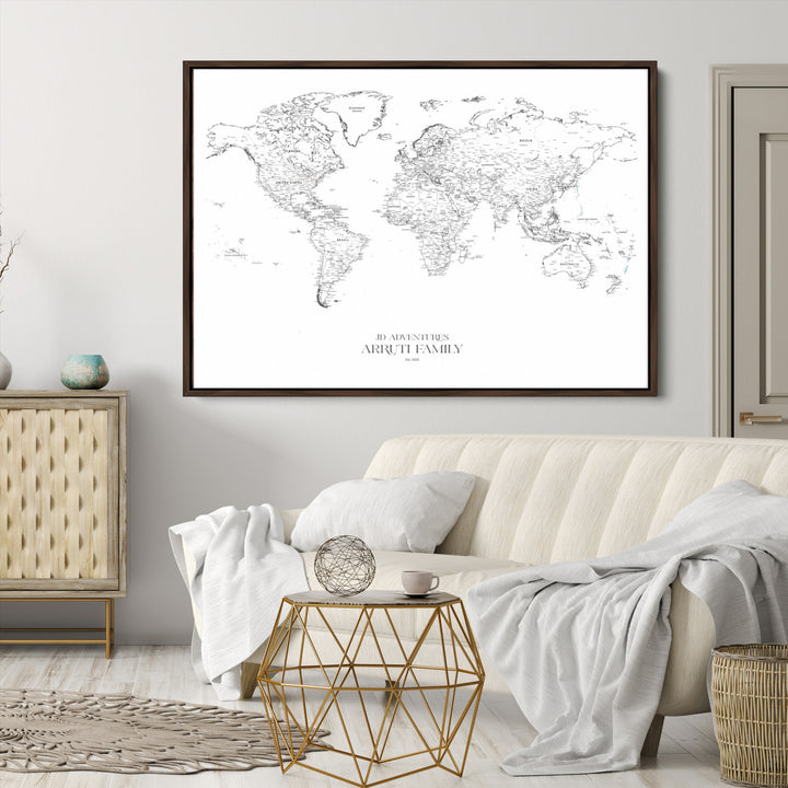 Personalized World Map Wall Art Canvas Print - Custom Push Pin Travel Map Canvas - Framed Map Print for Travel Lover Gift