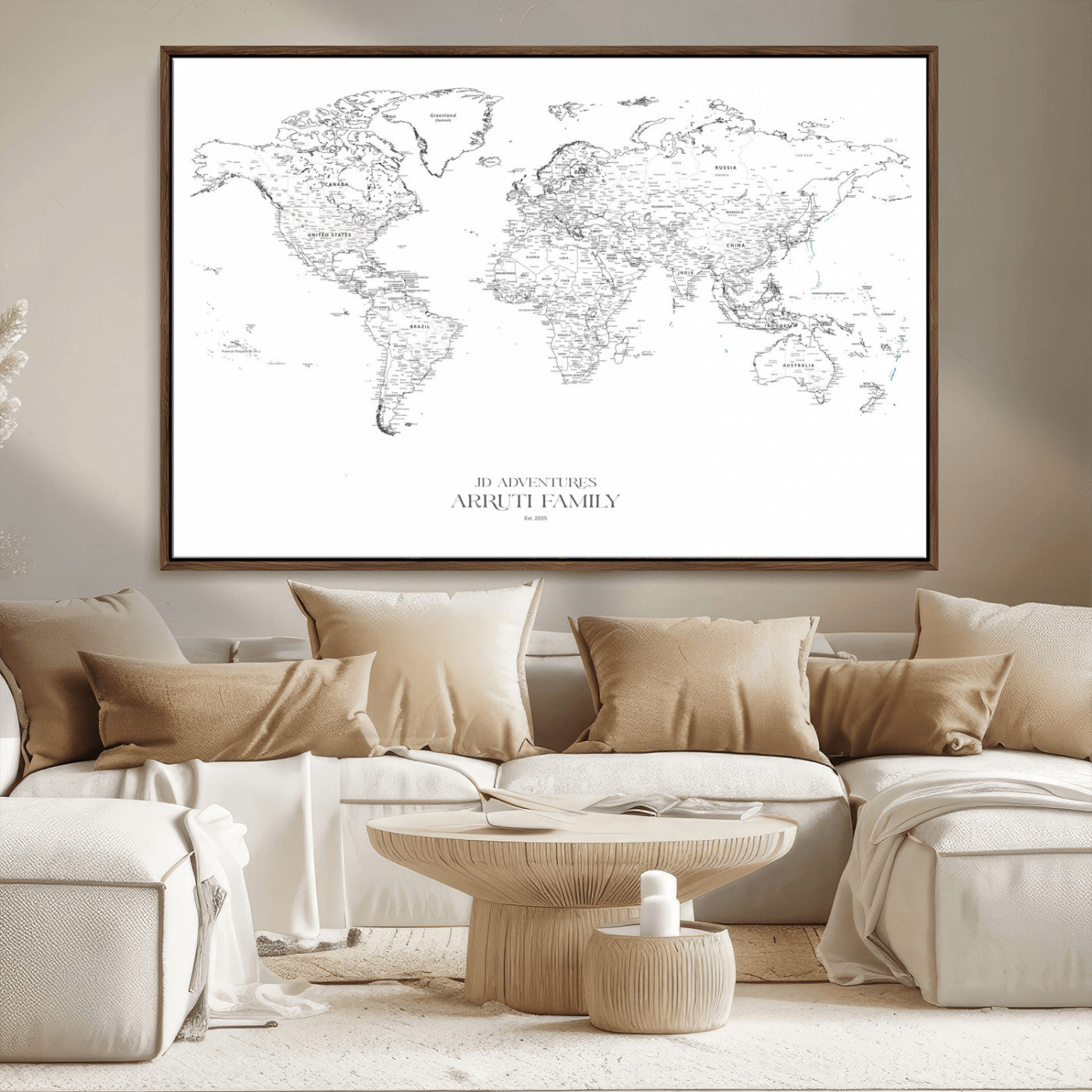 MGV-FC-36X24 - Custom World Map Wall Art – Personalized Framed Canvas Print with Push Pins for Travel Tracking,