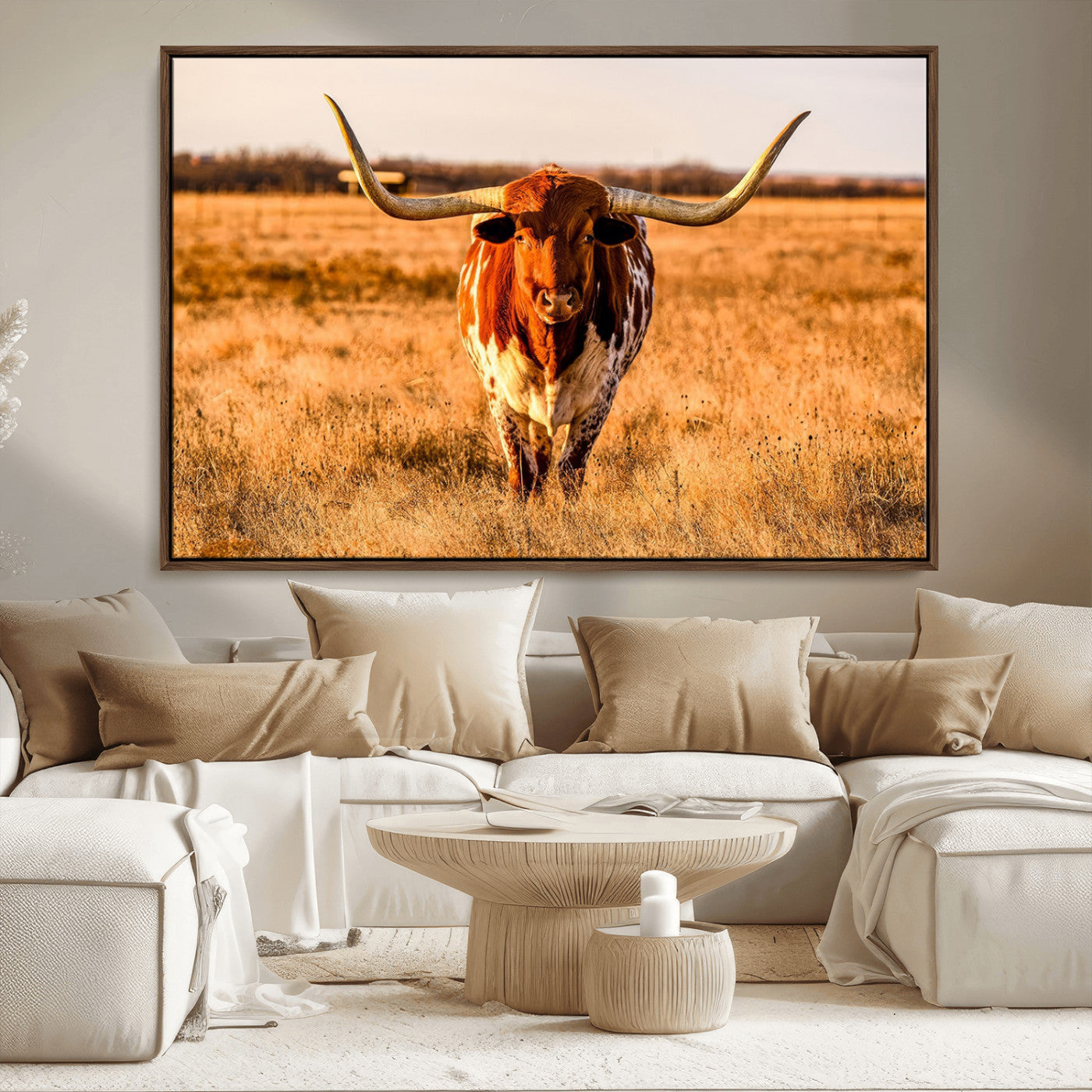 MGV-FC-36X24 - Longhorn Cow Wall Art | Ready to Hang Framed Canvas Print for Farmhouse and Barn Decor