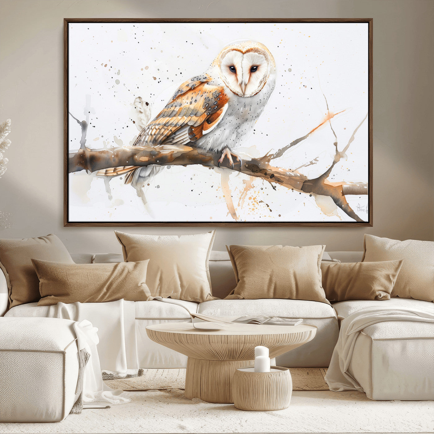 MGV-FC-36X24 - Barn Owl Wall Art on Branch | Stunning Canvas Print for Nature Lovers | Ready to Hang and Framed