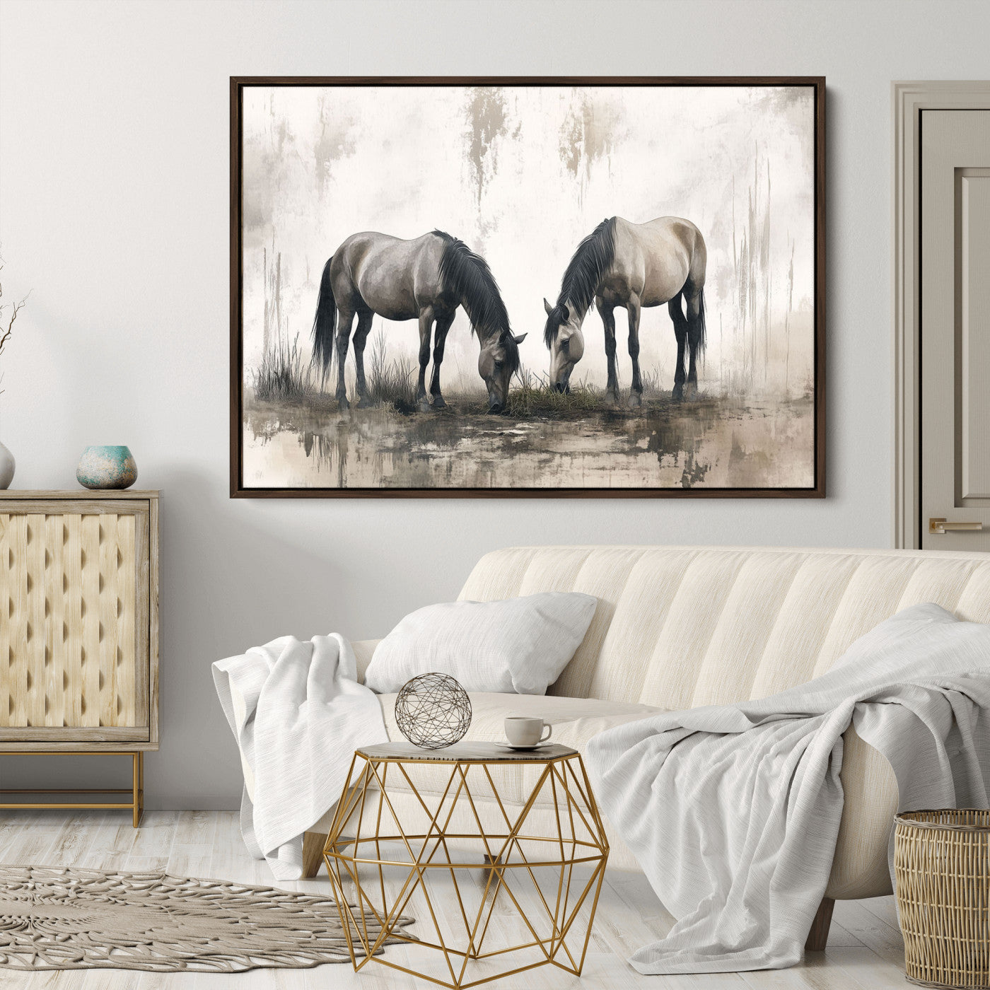 35494-MGV-CV-36X24-Chines Ink Style Vintage Horses Wall Art Canvas Print for Farmhouse Wall Decor