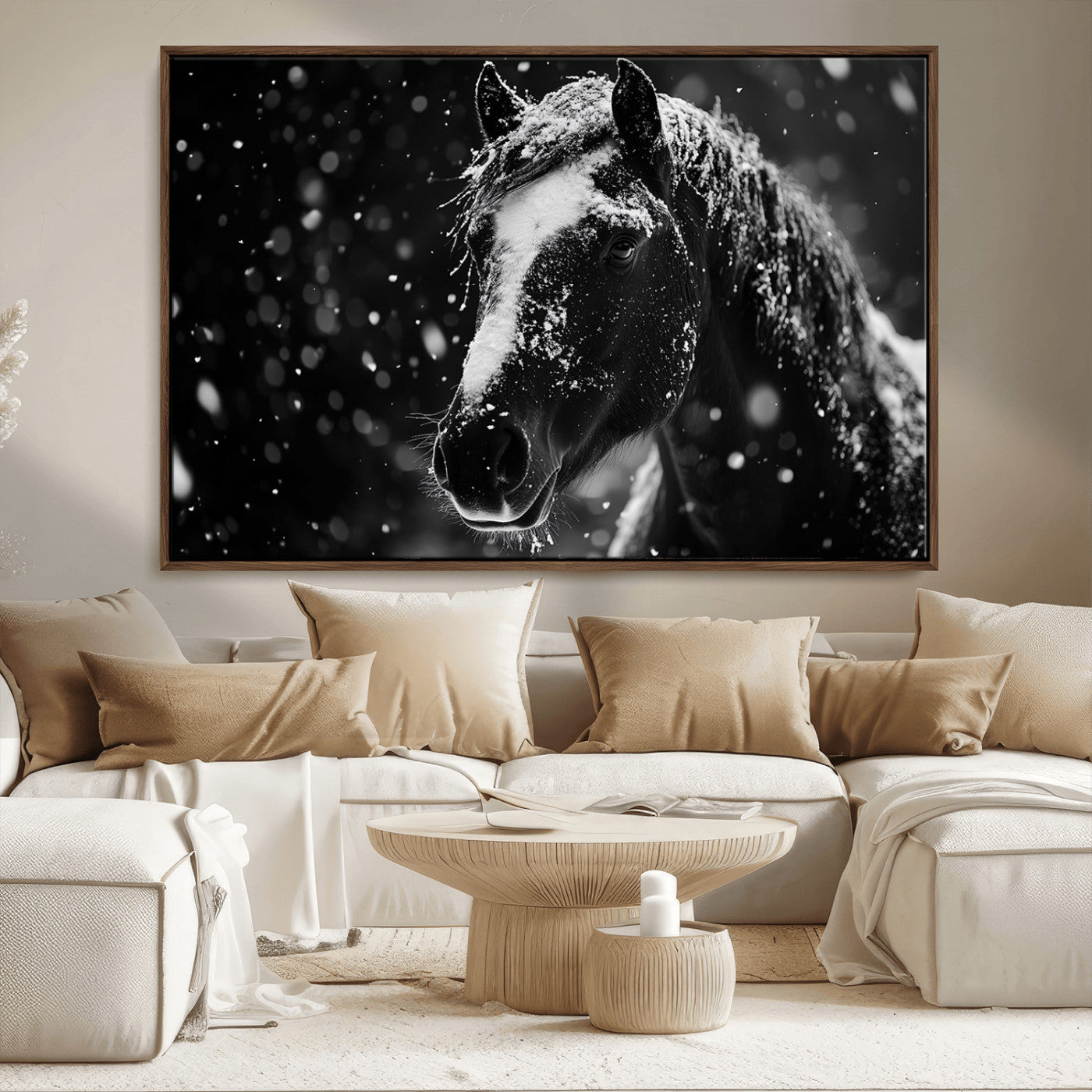 MGV-FC-36X24 - Winter Horse Wall Art | Black and White Horse Print | Ready to Hang and Framed | Farmhouse Wall Art