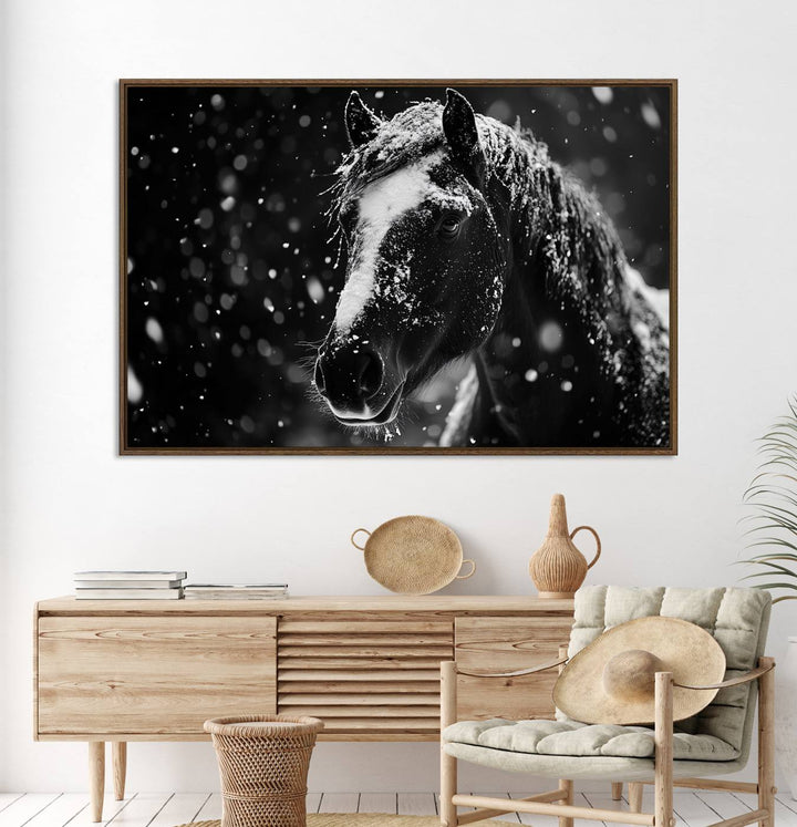 The Winter Horse Wall Art showcases a gentle horse print with snowflakes, ideal for rustic farmhouse or cabin decor.