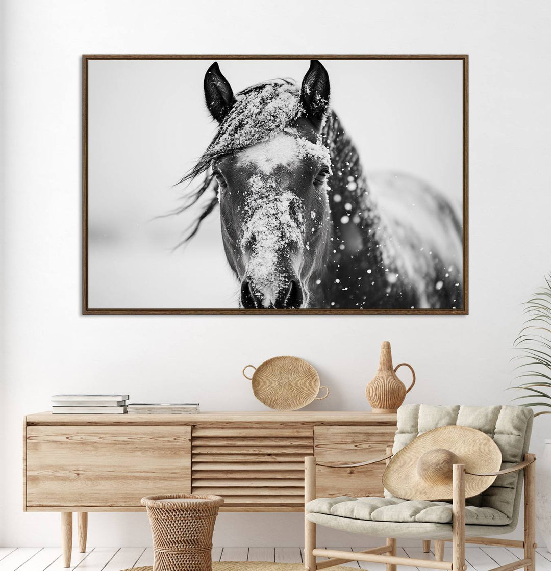 This black and white winter horse wall art enhances any decor; it is ready to hang and framed for a farmhouse or Western style.