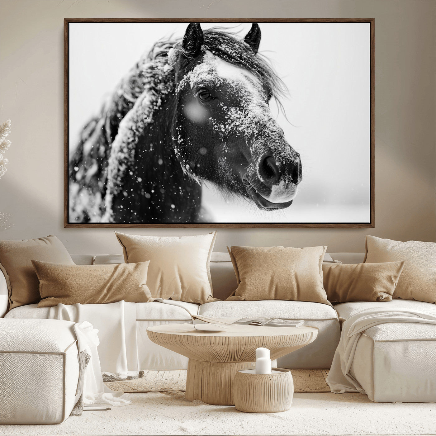MGV-FC-36X24 - Winter Horse Canvas Print | Large 3-Panel Black White Equine Photography for Rustic Farmhouse Wall