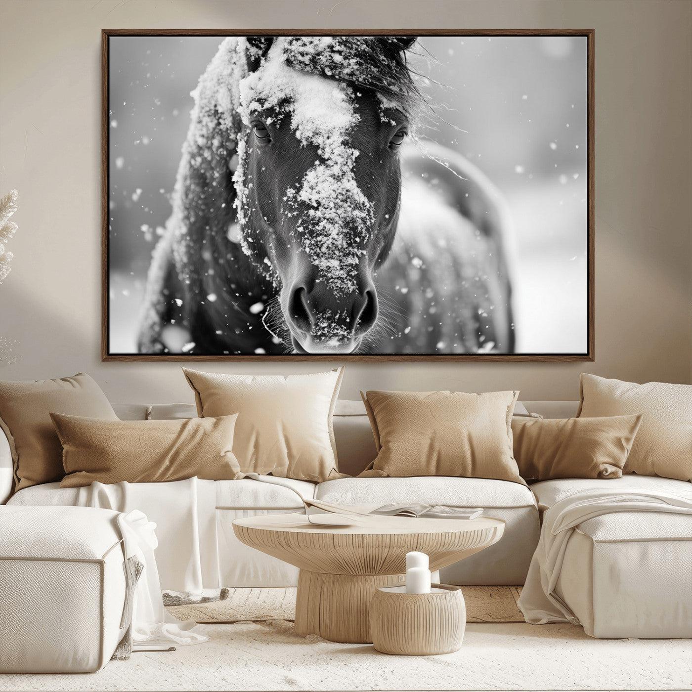 MGV-FC-36X24 - Black and White Horse Winter Wall Art | Ready to Hang and Framed | Farmhouse Wall Decor | Western