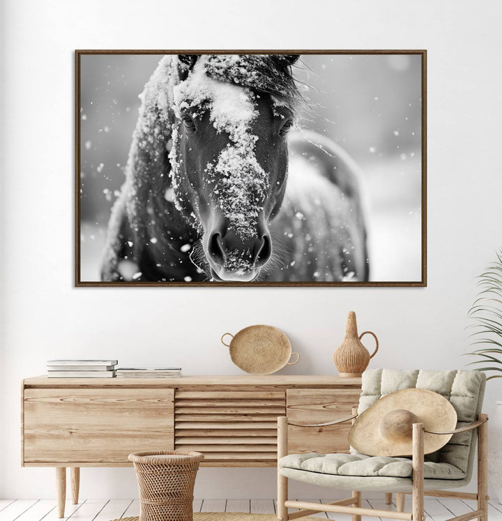 The Black and White Horse Winter Wall Art features a majestic horse with snow-covered hair set against a serene winter backdrop.