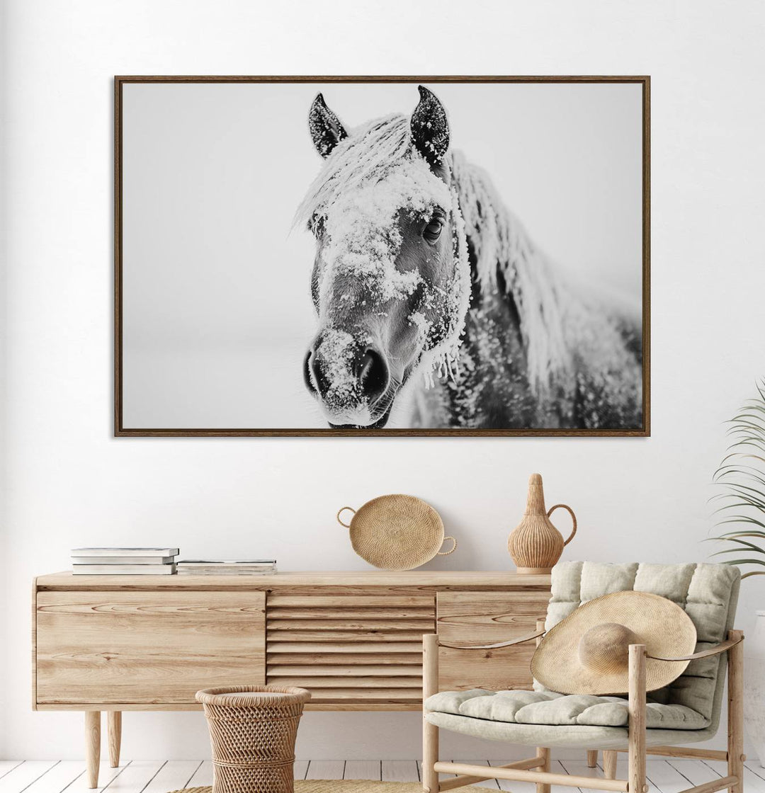 White Horse Wall Art: A black and white photo of a snow-covered horse, framed and ready to hang for farmhouse decor.