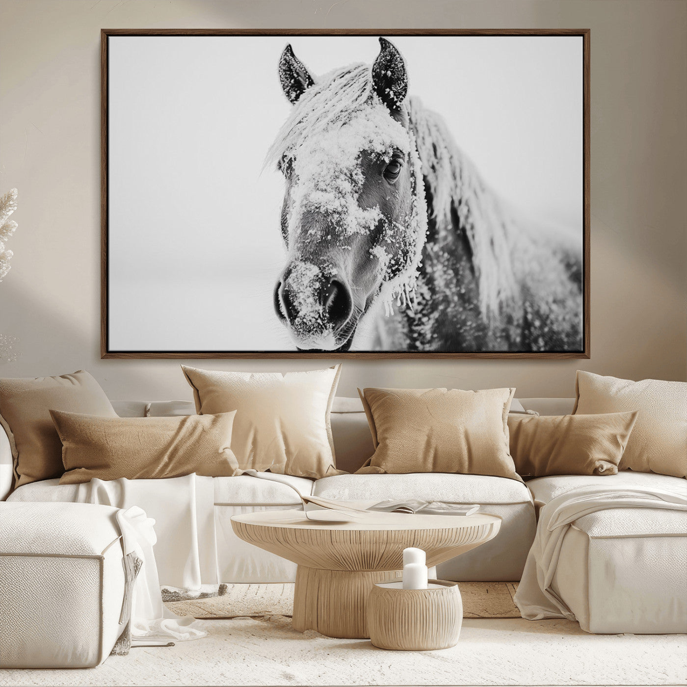 MGV-FC-36X24 - White Horse Wall Art | Ready to Hang and Framed | Winter Horse Wall Art Print for Farmhouse and