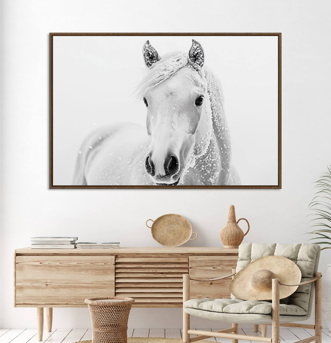 The dining room features the Majestic White Horse Wall Art, adding to its rustic charm.