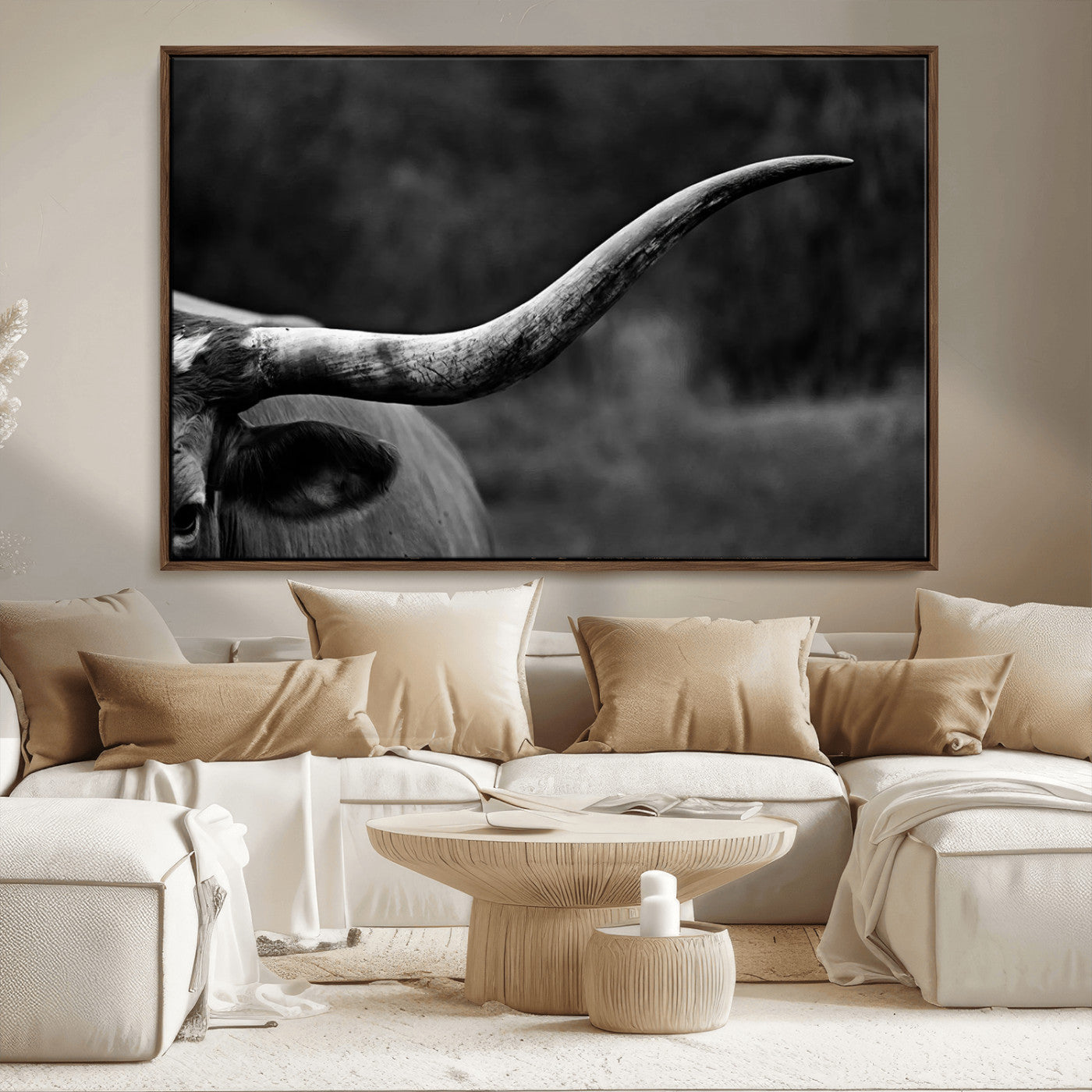 MGV-FC-36X24 - Cow Longhorn Wall Art | Black and White Print | Ready to Hang and Framed | Farmhouse Wall Decor |