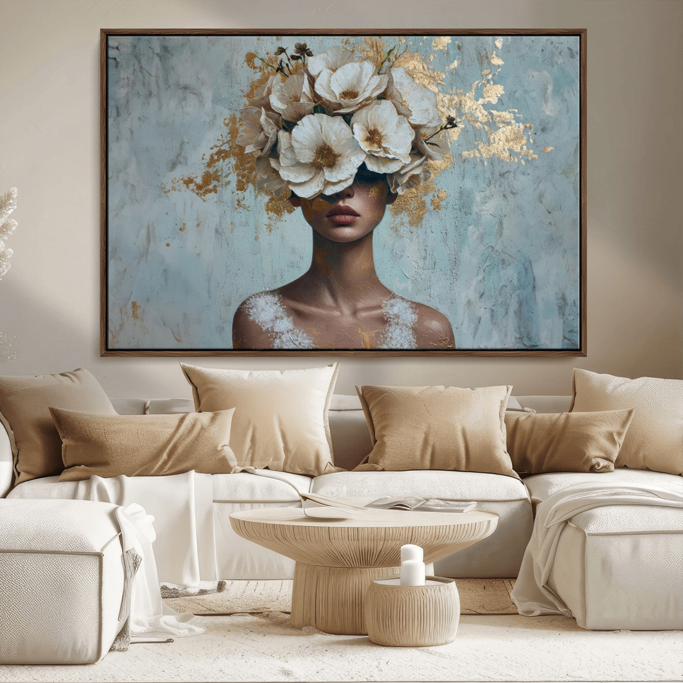 MGV-FC-36X24 - Golden Petal Wall Art - Petal Silhouette Woman Wall Art Canvas Print | Large 3-Panel Canvas with