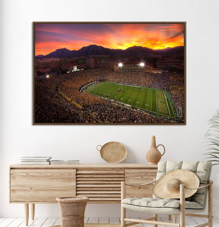 A vibrant mountain sunset at Folsom Field, home of the University of Colorado Football team, is captured in this stunning wall art canvas print.